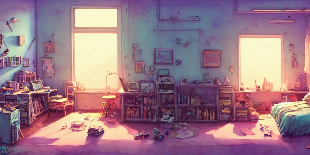 Image similar to room in the canyons, the room is messy and unorganized, bed is not made, trinkets and books everywhere, detailed, artstation, 8 k, sci - fi, pastel colors, props, panel, concept, simon stalenhag, in watercolor gouache detailed paintings, moebius, blueprint, building, living room, detailed, posters, sofa