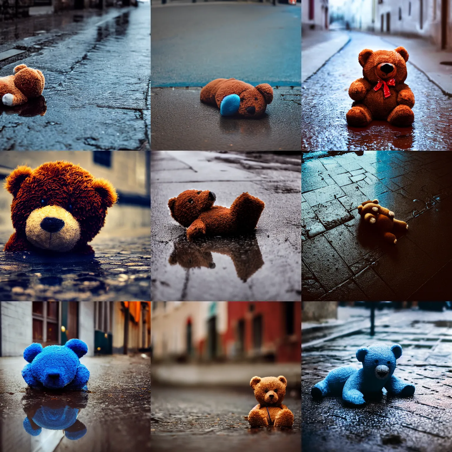 Prompt: close up photo of a teddy bear lying in a puddle in a back street, lighting blue-red dual tone, cinematic, depth of field, blur, atmospheric, 8k, trending on artstation