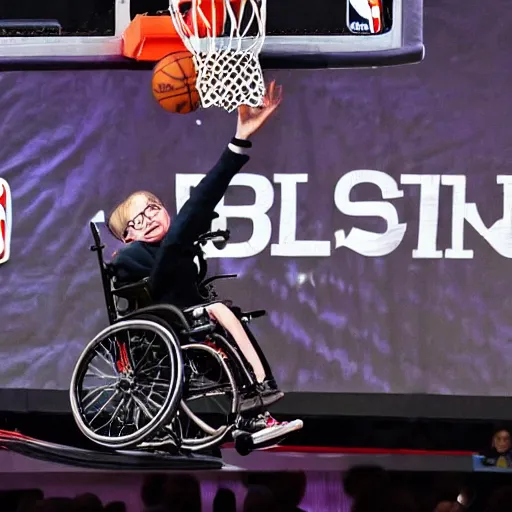 Image similar to photograph of stephen hawking flying through the air in his hovering wheelchair, dunking, highlights of the 2 0 1 9 nba slam dunking contest