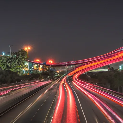 Image similar to dslr photo freeway photo at night, dragonflies replace the cars, very high quality lights, intricate details, extremely high quality, moody lighting, real camera, real photo, slow - shutter, 8 k, full subject in shot