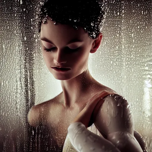 Prompt: portrait of a ballerina with a beautiful porcelain face, rain, cinematic light and reflections, beautiful dreamy lighting, photographed by annie leibovitz,