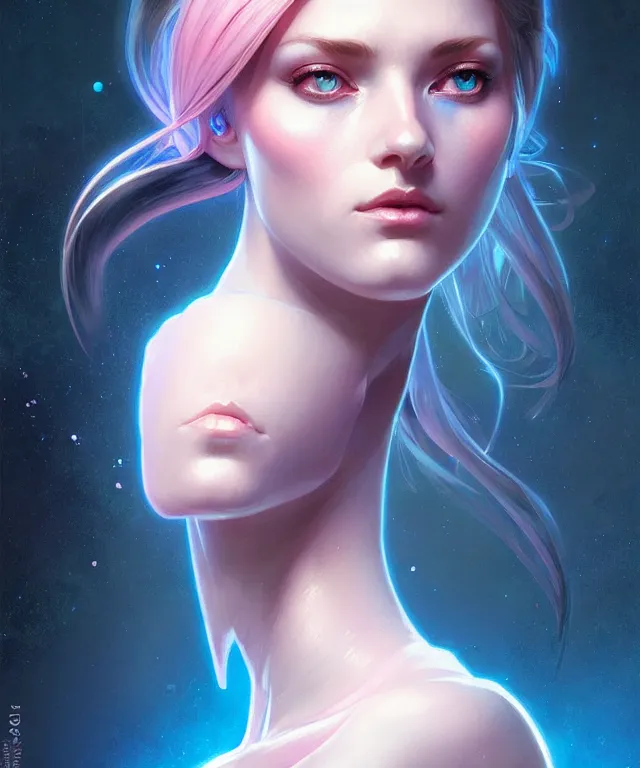 Prompt: Beautiful female android portrait, sci-fi, glowing blue eyes, face, blue and pink exoskeleton, fantasy, intricate, elegant, highly detailed, digital painting, artstation, concept art, smooth, sharp focus, illustration, art by artgerm and greg rutkowski and alphonse mucha