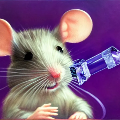 Prompt: mouse reaches for floating purple crystal, famous oil painting, award winning, 8k scan