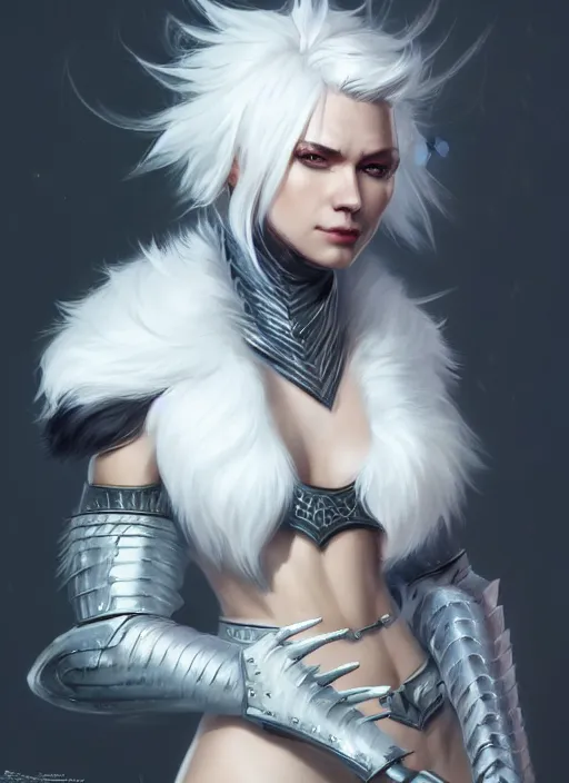 Image similar to fur - lined armor!!! beautiful and elegant white haired female!! gorgeous ayes!! character concept art, sharp focus, octane render! unreal engine 5! highly rendered!! trending on artstation!! detailed linework!! illustration by bussiere rutkowski andreas rocha