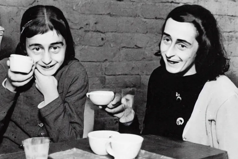 Prompt: anne frank and tupac shakur drinking coffee