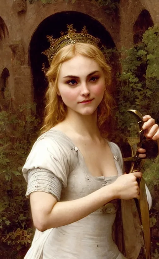 Image similar to annasophia robb in medieval armour, bowl haircut, bouguereau and waterhouse