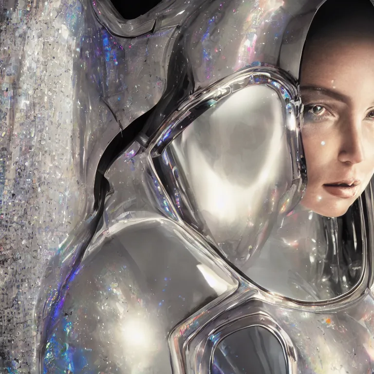 Prompt: octane render portrait by wayne barlow and carlo crivelli and glenn fabry, subject is a woman wearing a clear iridescent plastic and silver spacesuit with intricate colorful metal helmet, floating inside a futuristic black space station, cinema 4 d, ray traced lighting, very short depth of field, bokeh