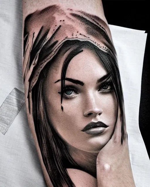 Image similar to creative double exposure effect tattoo design sketch of megan fox with beautiful mountains, realism tattoo, in the style of andrey lukovnikov, amazing detail, sharp