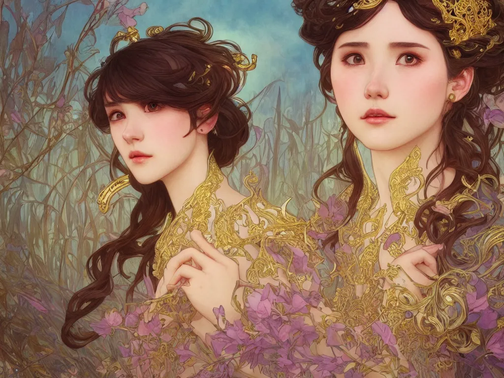 Image similar to iu novel close up cover, highly detailed, gold filigree, romantic storybook fantasy, soft cinematic lighting, award, disney concept art watercolor illustration by mandy jurgens and alphonse mucha and alena aenami, pastel color palette, featured on artstation