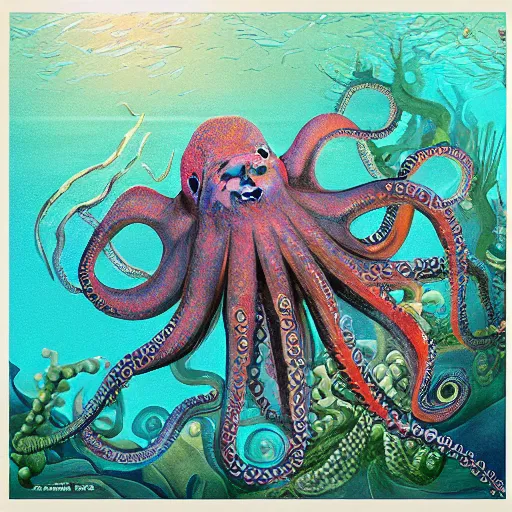 Image similar to confluence of aquatic wild life. octopus, fish, coral, fantasy, painting, detailed, paid artwork, portfolio, intricate lighting
