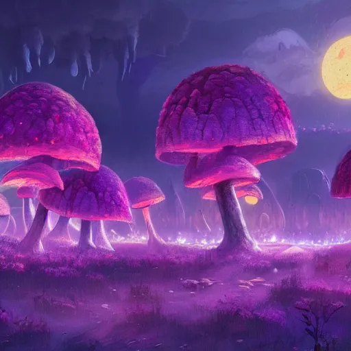 Image similar to concept art painting of a fantasy alien fungal landscape at night, magenta trees, glowing blue mushrooms, village of houses made of mushrooms, dark purple sky, realistic, detailed, cel shaded, in the style of makoto shinkai and greg rutkowski and albert bierstadt and james gurney