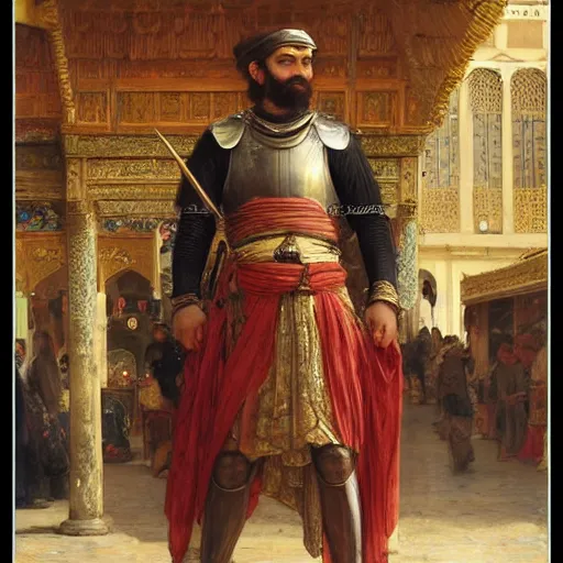 Prompt: orientalist painting of a knight standing in a market intricate artwork by john william waterhouse and Edwin Longsden Long and Theodore Ralli and Henryk Siemiradzki. trending on artstation, very coherent symmetrical artwork high detail 8k