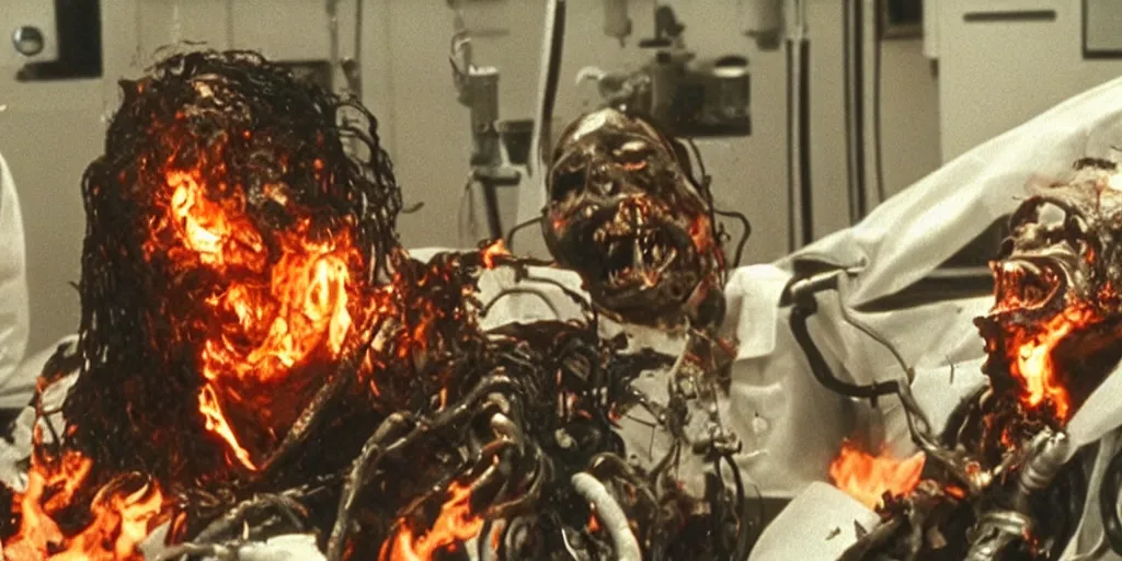 Image similar to filmic closeup dutch angle movie still 4k UHD 35mm film color photograph of 3 doctors burning alive inside of a science lab, melted and charred flesh, screaming in agony, in the style of a 1980s horror film