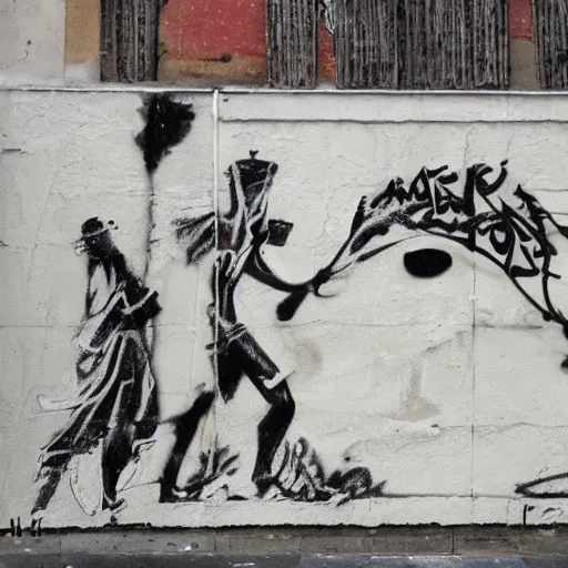 Prompt: arabic calligraphy, transylvanian folk art, in the style of graffiti, made by banksy