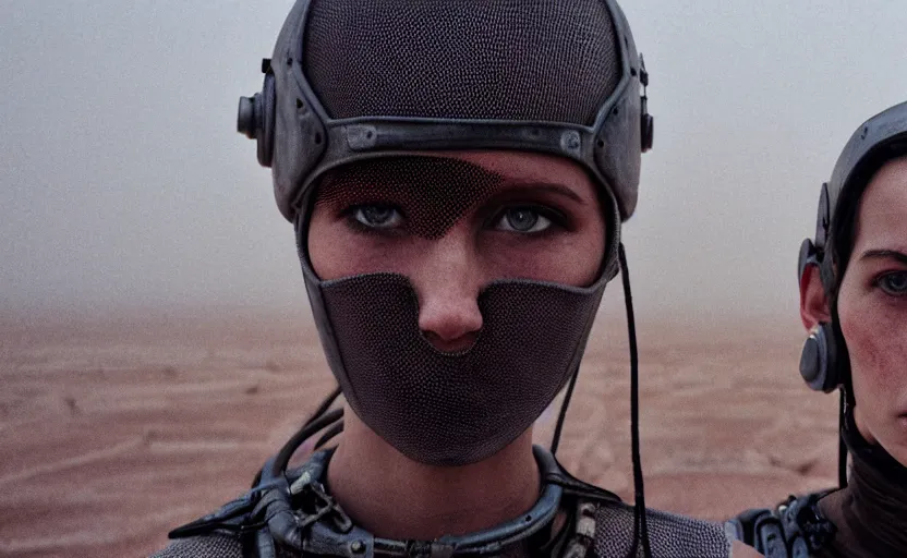 Image similar to cinestill 5 0 d photographic portrait by helen levitt of two loving female androids wearing rugged black mesh techwear on a desolate plain, extreme closeup, modern cyberpunk, dust storm, 8 k, hd, high resolution, 3 5 mm, f / 3 2, ultra realistic faces, ex machina