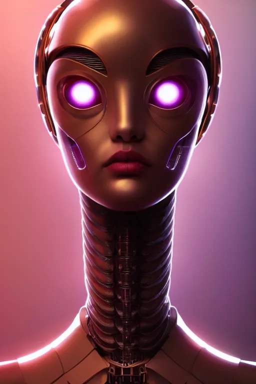 Image similar to beautiful portrait of friendly attractive alien cute robot, style of Feng Zhu, Artstation geometric, aesthetic, smooth skin, unique features, symmetrical, intricate crown, high fashion, streetwear, cyberpunk, detailed, octane render, cinematic, 8k, purple skin, brown skin