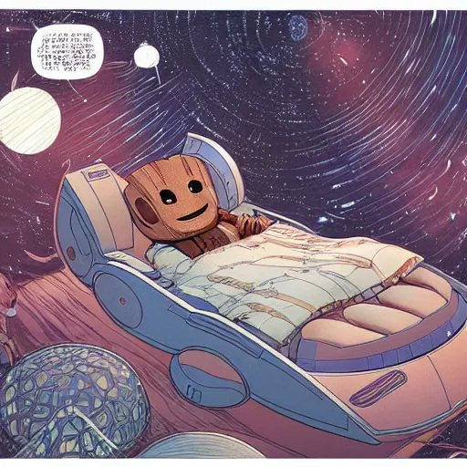 Image similar to baby groot lies completely flat in bed the space ship, by victo ngai