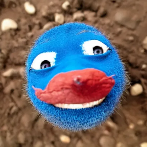 Image similar to photo of a small round creature made of dirt with round blue eyes and a round clown nose and a cute smile