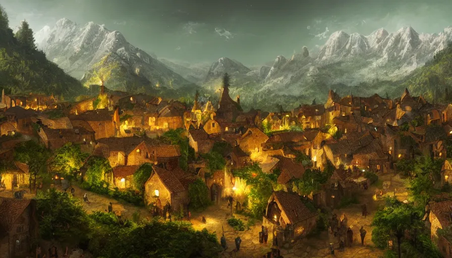 Image similar to small medieval village with crowded banquet built in green huge mountains at night, hyperdetailed, artstation, cgsociety, 8 k