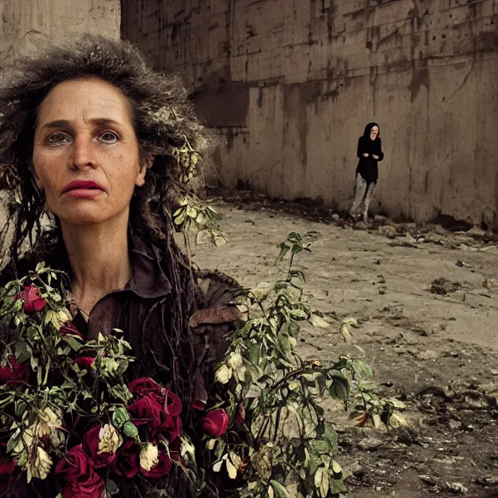 Image similar to closeup portrait of a woman with roots and roses growing out of her face, standing in a desolate apocalyptic city, by Annie Leibovitz and Steve McCurry, natural light, detailed face, CANON Eos C300, ƒ1.8, 35mm, 8K, medium-format print