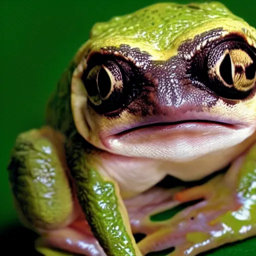 Prompt: a top secret photo of a genetically engineered animal which is half frog, half sloth