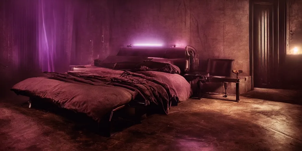 Image similar to night time, moody dark, dark purple leather dungeon bedroom in the style of blade runner 2 0 4 9