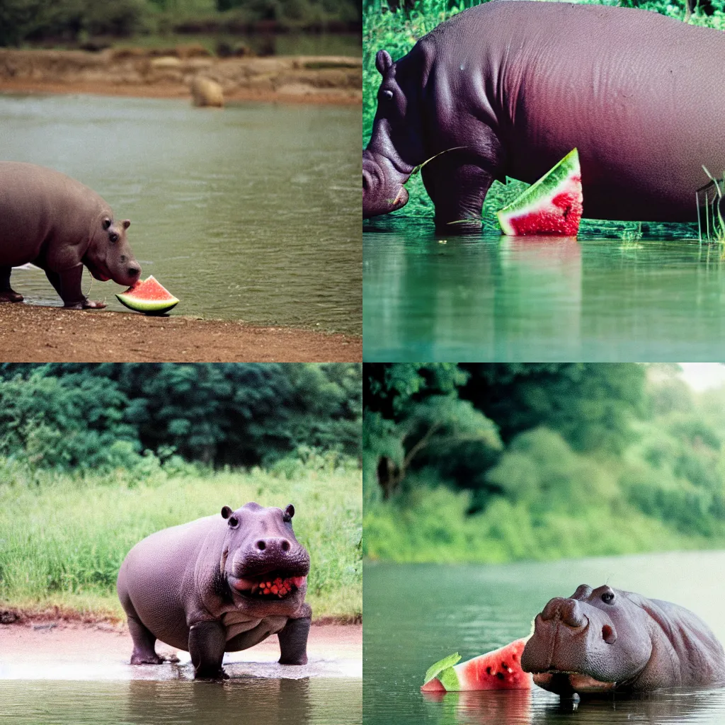 Prompt: photo of hippo eating a watermelon by the river, cinestill 800t 35mm full-HD