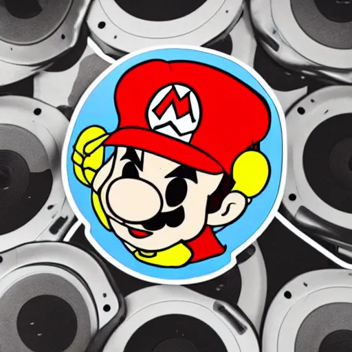 Image similar to svg sticker of a Pop-Wonder SuperMario, Mario-Wearing-a-red-hat, at a rave, spinning records, giant headphones rocking out, wearing headphones, huge speakers, dancing, rave, DJ, spinning records, digital art, amazing composition, rule-of-thirds, award-winning, trending on artstation, featured on deviantart