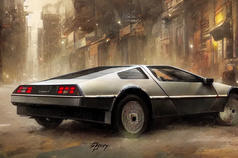 Image similar to photograph of the delorean, with a sleek spoiler, driving down the streets of a cyberpunk abandoned city, by greg rutkowski, by stanley artgerm, by alphonse mucha