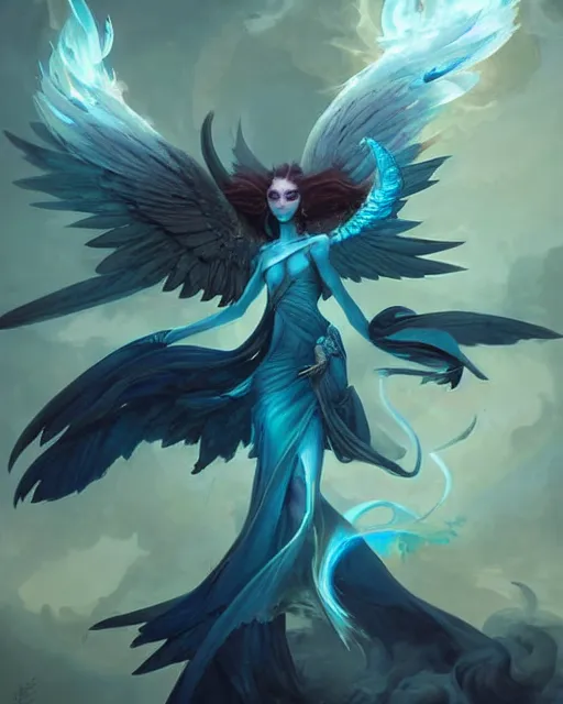 Prompt: Anivia ice phoenix wings of chaos, obsidian and aqua twisting smoke, dark fantasy stylized art by peter mohrbacher and marc simonetti