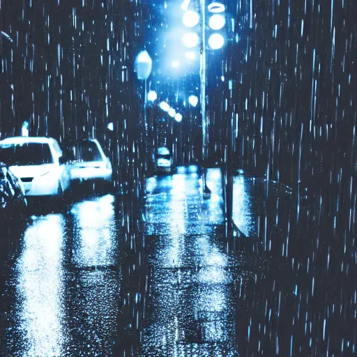 Image similar to a city street at night, raining, photograph