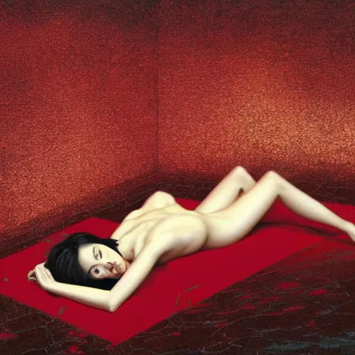 Prompt: Kiko Mizuhara full body laying in a blood red pool of water between a golden mirror frame, outside is space and inside the mirror frame is a beautiful landscape., physically accurate, dynamic lighting, intricate, elegant, highly detailed, digital painting, artstation, HR GIGER, Hieronymus Bosch, Francis Bacon, concept art, smooth, sharp focus, illustration, art by artgerm and greg rutkowski and alphonse mucha