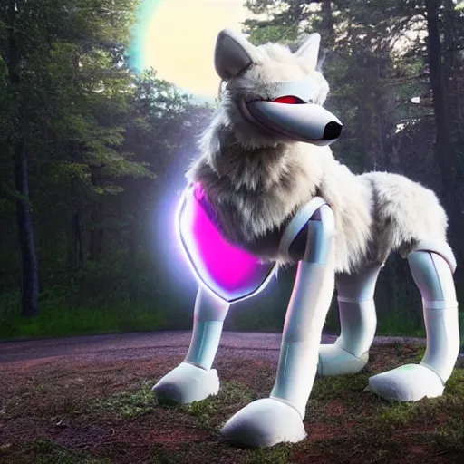 Prompt: Humanoid robot with a wolf tail wearing a hyperrealistic wolf fursuit, extremely detailed, natural lighting, volumetric lighting, synthwave