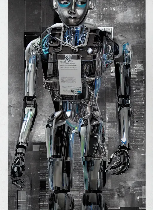 Prompt: highly detailed picture of a human robot coming to life for the very first time by Jim wooding. The image conveys fear and hope and depending dystopian world.