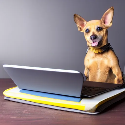 Image similar to a small yellow robot dog standing on a laptop on a desk