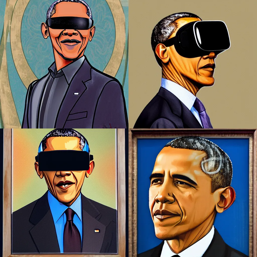 Prompt: Obama wearing a VR headset, art nouveau, portrait