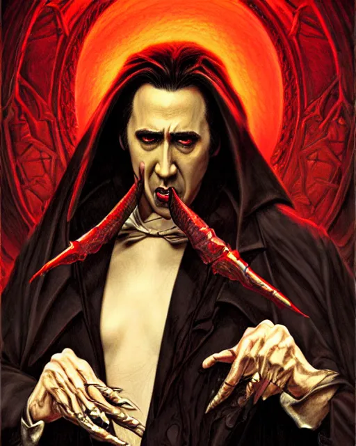 Prompt: nicolas cage as dracula, demonic, highly detailed, centered, artstation, concept art, smooth, sharp focus, illustration, bokeh art by artgerm and donato giancola and joseph christian leyendecker