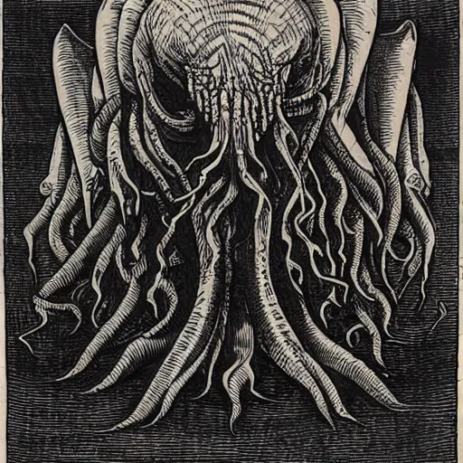 Image similar to a detailed woodcut of Cthulhu by Gustave Doré