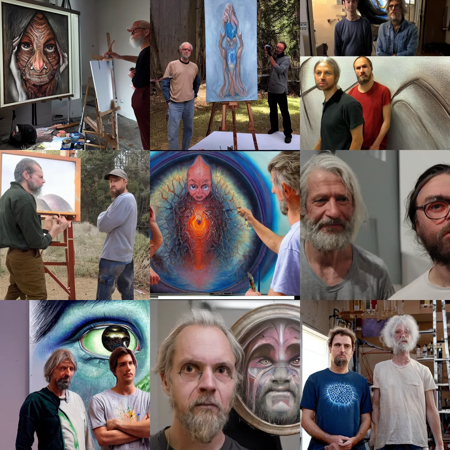 Image similar to painters Alex Grey together with painter Greg Rutkowski looking in the camera at the people who stole their job