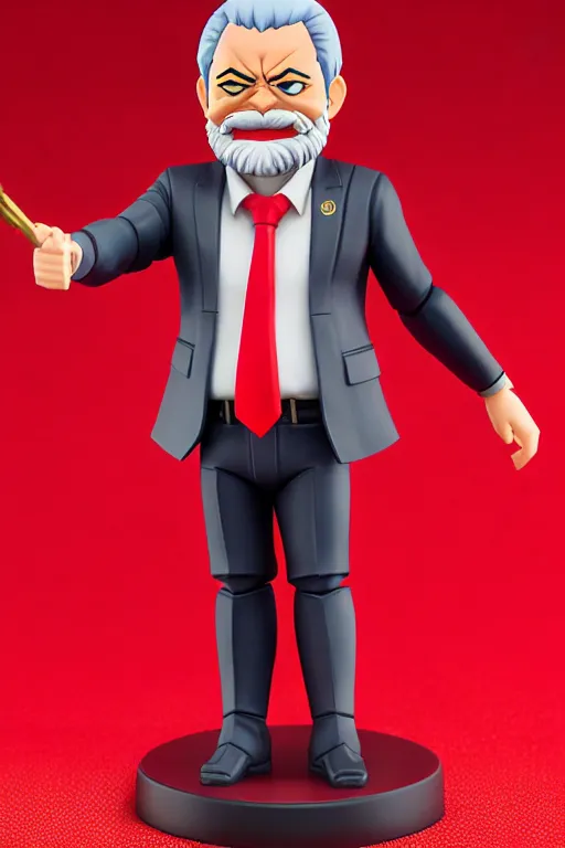 Image similar to still high quality figurine of president lula with a red flag, tsurime eyes, tareme eyes, personification, dynamic pose, detailed product photo, featured on amiami, tone mapped, beautiful composition, 8 5 mm, f. 1 4