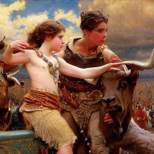 Prompt: a young girl giving the last blow to a dying bull, the girl is covered in the bull's blood, highly detailed painting by gaston bussiere and j. c. leyendecker 8 k