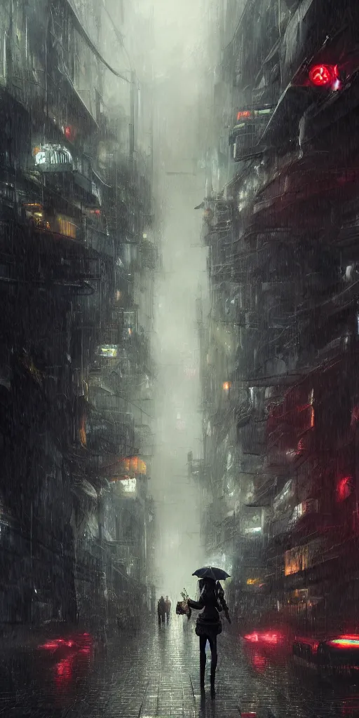 Prompt: a concept art landscape of a woman in the foreground, back to camera, standing in a claustrophobic neotokyo city, standing in the rain with an umbrella, wet, emphasis on tall buildings, dirty, low angle, neotokyo, japanese by greg rutkowski, highly detailed background, intricate