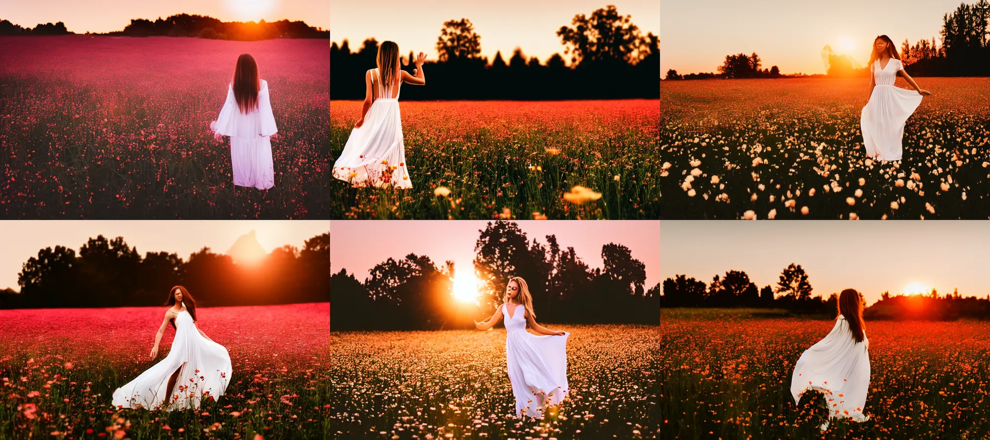 Prompt: 50mm DSLR photograph of a stunning flower meadow at sunset, ethereal female in a white dress dancing in the center, soft lighting, photography, panoramic view, Hyperdetailed, Lightroom preset, photorealistic, Unsplash