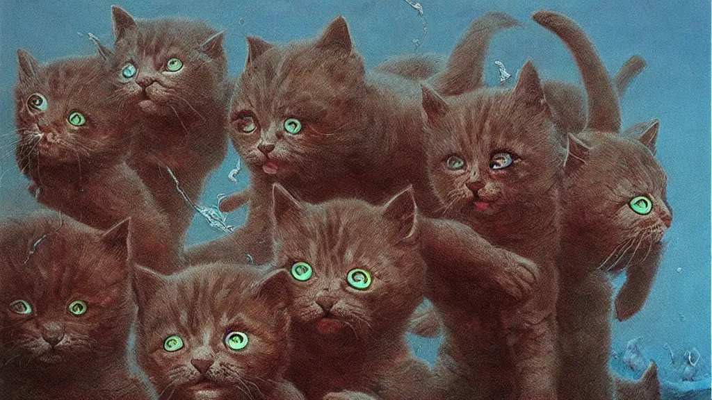 Prompt: kittens with neon eyes burst out of the ocean to destroy the humans by zdzislaw beksinski and bogdan rezunenko.