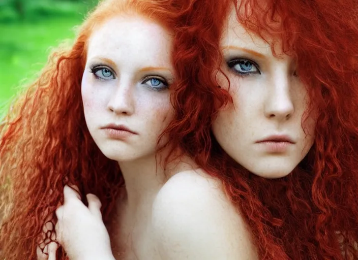 Image similar to award winning 5 5 mm close up face portrait photo of an anesthetic redhead with blood - red wavy hair and intricate eyes that look like gems, in a park by luis royo