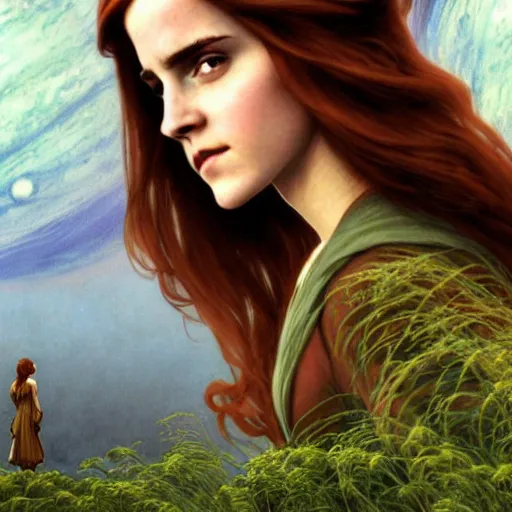 Prompt: a highly detailed matte painting of emma watson as a red haired witch, standing on the moon titan and looking at jupiter, viewed in profile and from far away, swirling green magic, ultrawide lens, art by rebecca guay and arthur rackham and alphonse mucha and john william waterhouse, volumetric lighting, octane render, 4 k resolution, trending on artstation, masterpiece