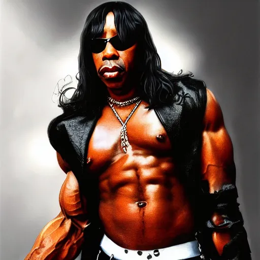 Image similar to Rick james with the physique of a body builder, hyper realistic, ultra detailed, cinematic, dynamic lighting, refined, intricate, digital painting, masterpiece, 8k