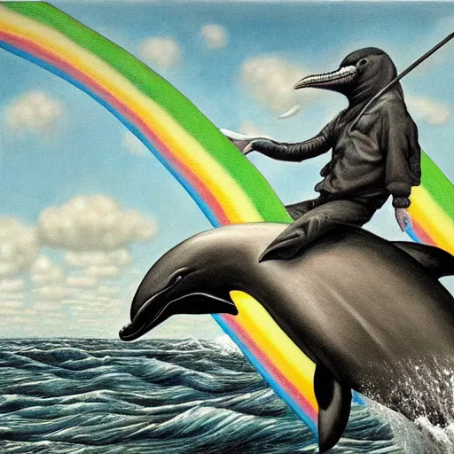 Prompt: a hyper realistic painting of the grim reaper riding a dolphin over a rainbow, by santiago caruso, highly detailed, vivid color,