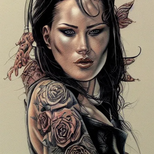 Image similar to a beautiful portrait of a heavily tattooed woman Travis Charest style