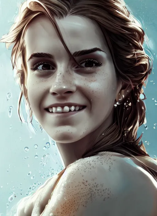 Prompt: a highly detailed illustration of emma watson washing hair, dramatic smiling pose, perfect face, intricate, elegant, highly detailed, centered, digital painting, artstation, concept art, smooth, sharp focus, league of legends concept art, wlop